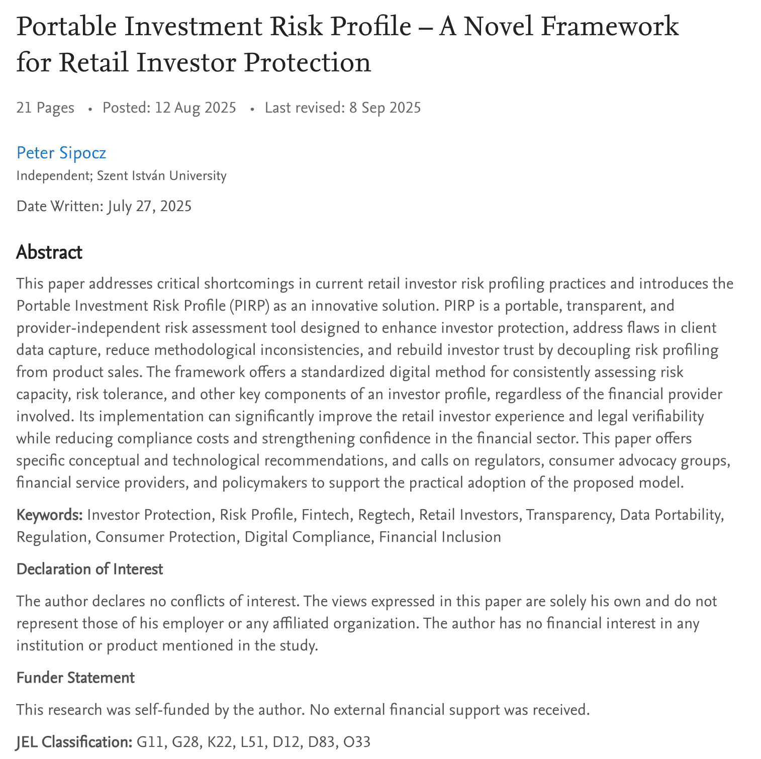 PIRP Research Paper – Portable Investment Risk Profile, available on SSRN